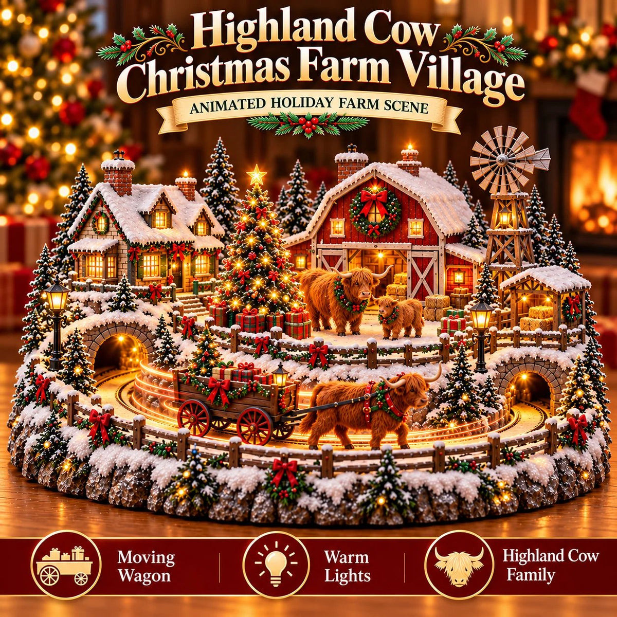 🐮 Highland Cow Christmas Farm Village – Lighted Farmhouse Holiday Décor 🎄✨
