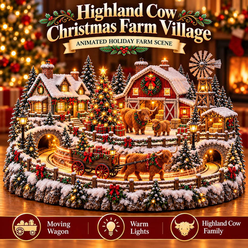 🐮 Highland Cow Christmas Farm Village – Lighted Farmhouse Holiday Décor 🎄✨
