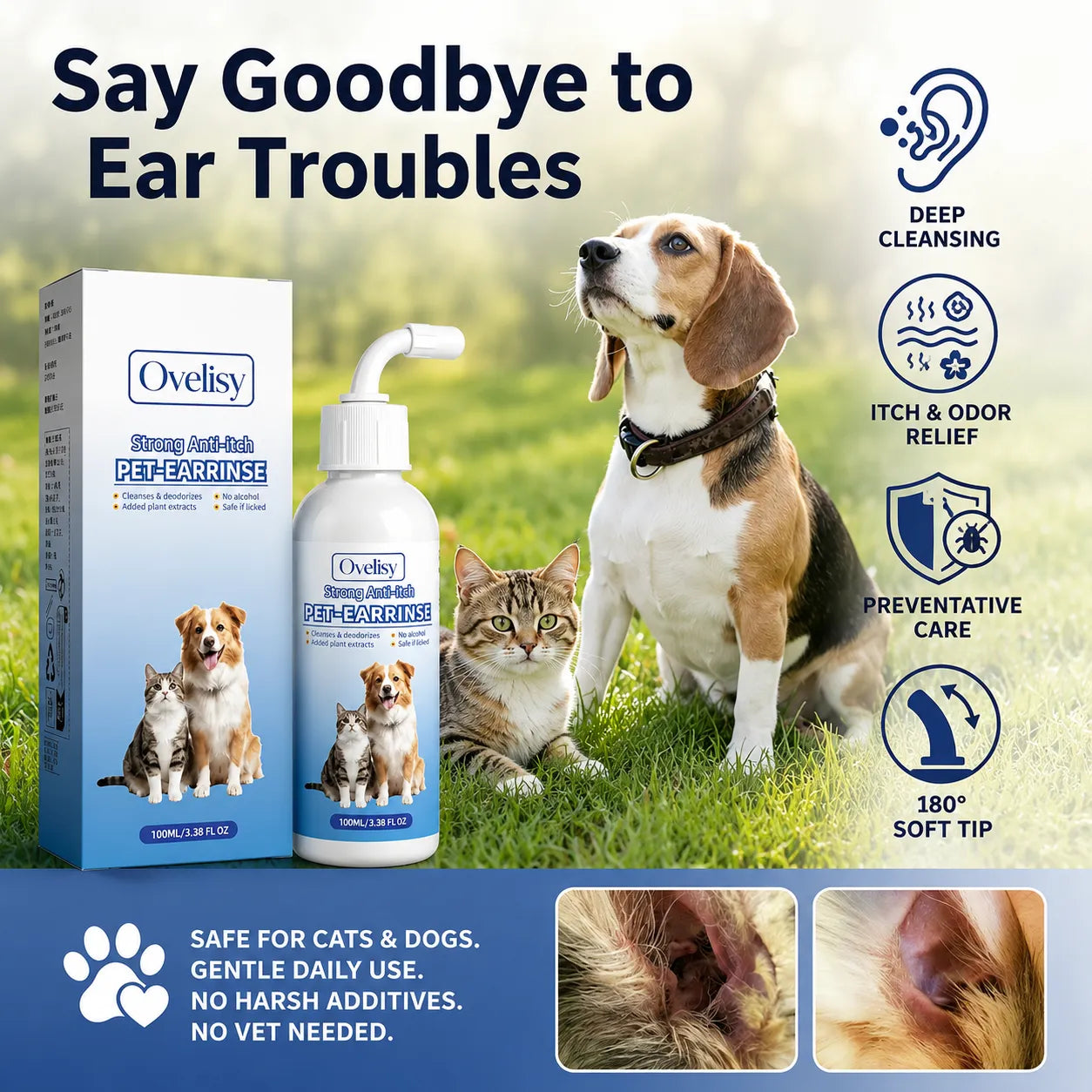 Gentle Pet Ear Wash | Odor-Free Cleaning for Dogs & Cats