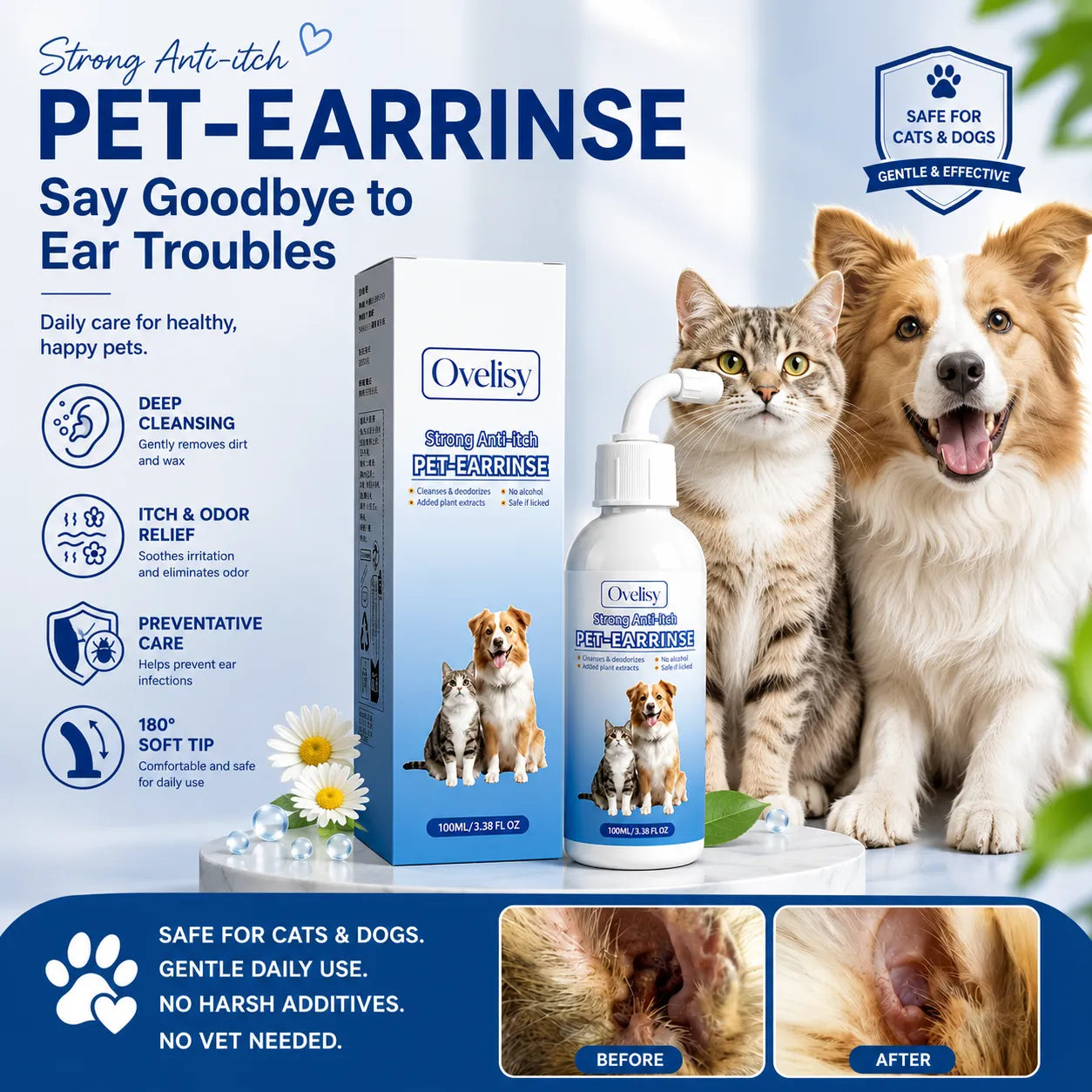 Gentle Pet Ear Wash | Odor-Free Cleaning for Dogs & Cats