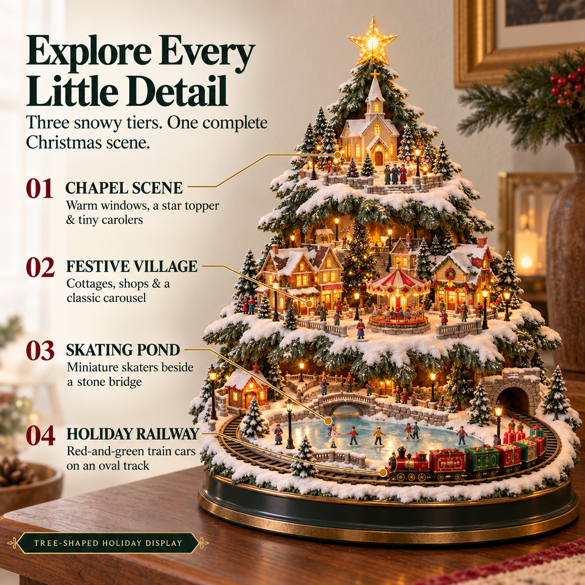 🎁🚂LAST DAY 49%✨ Lighted Christmas Village Tree with Train & Carousel✨