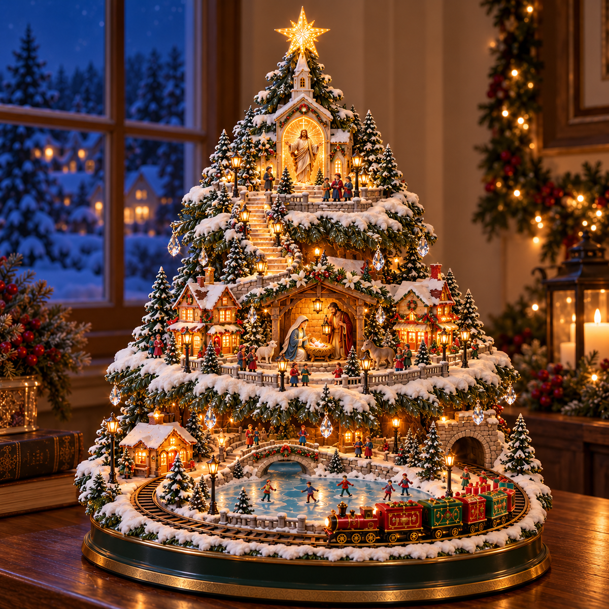 🎁🚂LAST DAY 49%✨ Lighted Christmas Village Tree with Train & Carousel✨