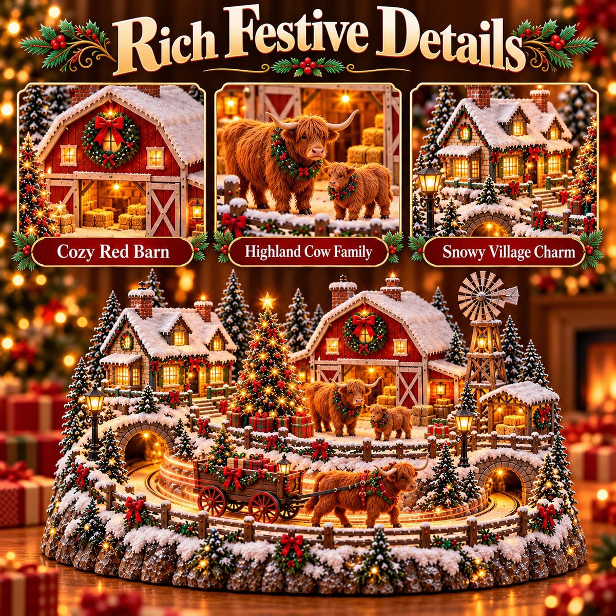 🐮 Highland Cow Christmas Farm Village – Lighted Farmhouse Holiday Décor 🎄✨