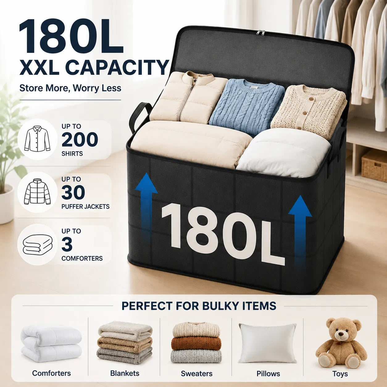 🔥 Hot sell! 🏠 XXL 180L Storage Bag – Large Capacity Moving & Closet Organizer for Quilts, Bedding & Sweaters.