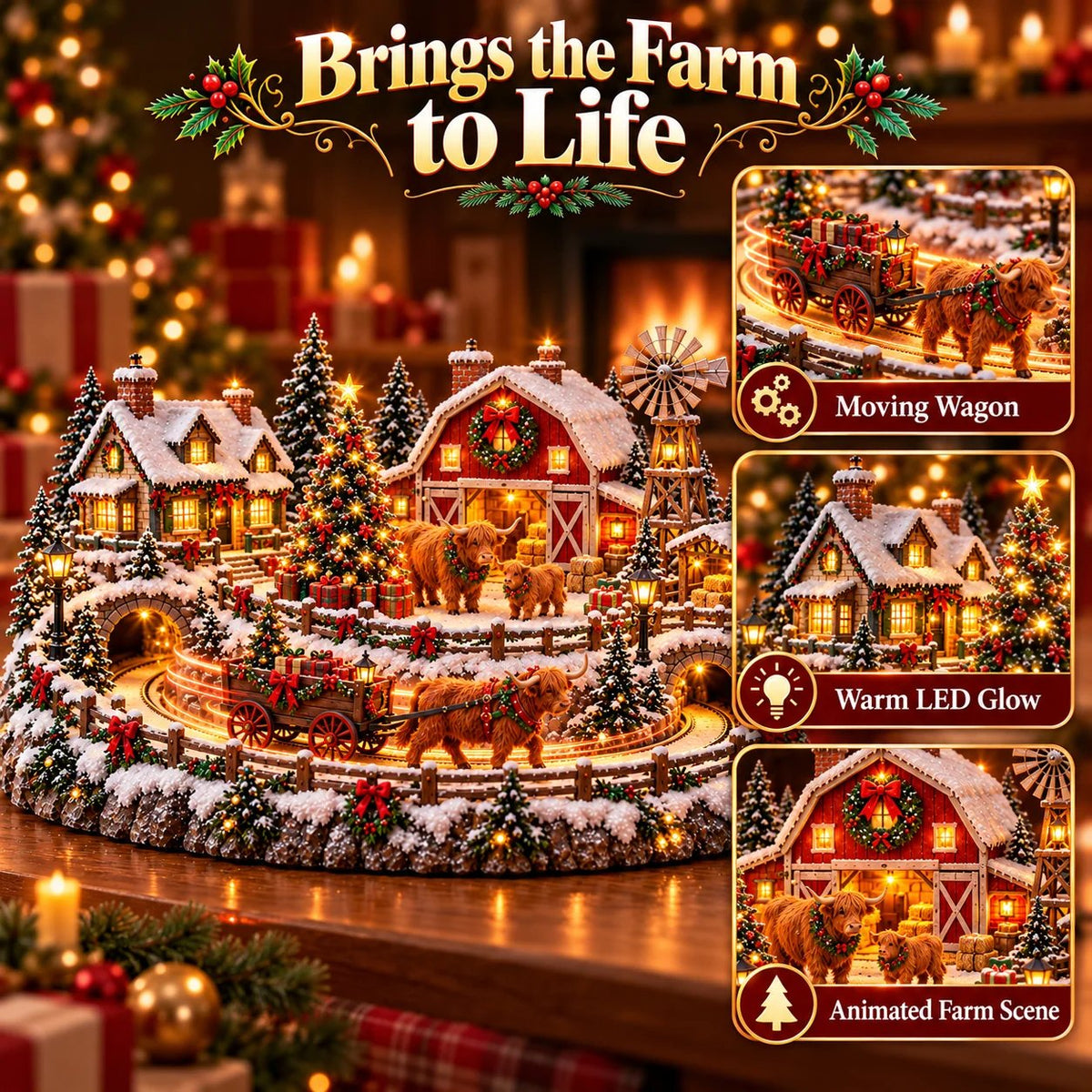🐮 Highland Cow Christmas Farm Village – Lighted Farmhouse Holiday Décor 🎄✨